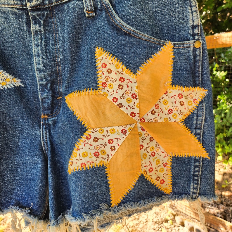 Indigo High-Waisted Wrangler Shorts with 1930's Patchwork Star Quilt Patches image 4