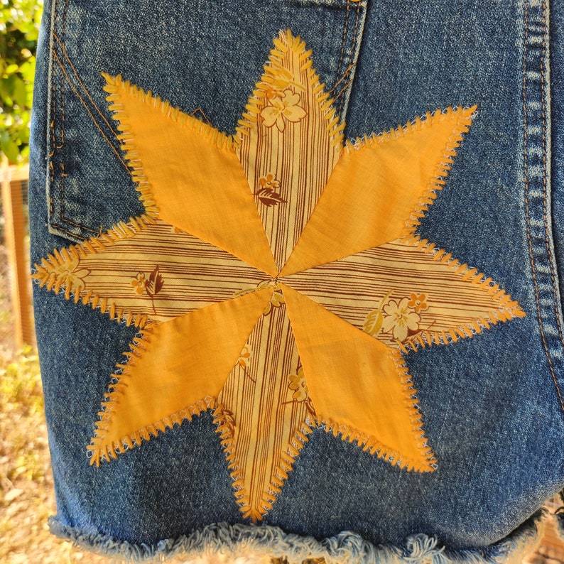 Indigo High-Waisted Wrangler Shorts with 1930's Patchwork Star Quilt Patches image 5