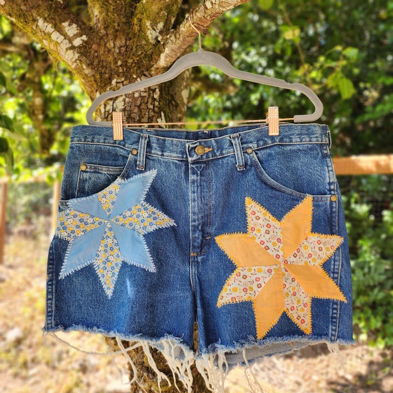 Indigo High-Waisted Wrangler Shorts with 1930's Patchwork Star Quilt Patches image 1