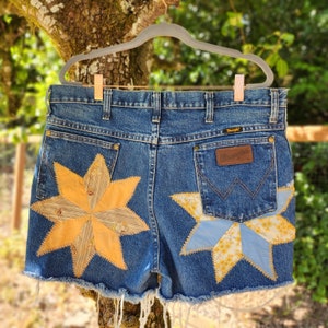 Indigo High-Waisted Wrangler Shorts with 1930's Patchwork Star Quilt Patches image 2