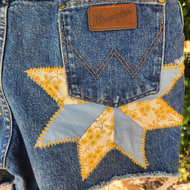Indigo High-Waisted Wrangler Shorts with 1930's Patchwork Star Quilt Patches image 6