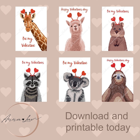 Set of 6 valentines with animals, love card, valentine's day, animal cards, valentine's day card, download cards, pink card, be my valentine
