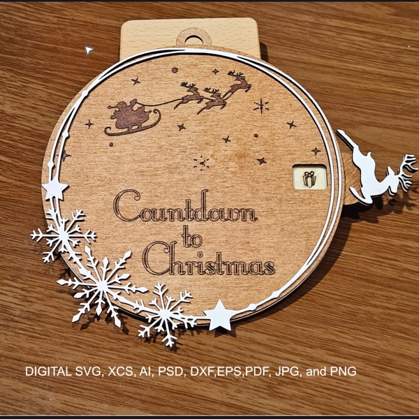 Santa Sleigh Countdown Christmas Ornament. Laser machine/Glowforge compatible.