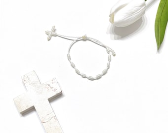White Religious Decade Bracelet with cross,Catholic Bracelet, Rosary Bracelet, Religious Gifts, Baptism, First Communion, Confirmation Gift.