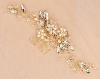 Ruby | Gold Pearl and Floral Bridal Hair Comb