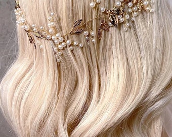 Cara | Gold Leaf and Pearl Bridal Hair Vine