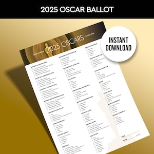 Puede incluir: Un boletín de votación para los Oscar 2025 imprimible con un fondo dorado y el texto "2025 Oscars" en un círculo dorado. El boletín incluye categorías para Mejor Película, Mejor Director, Mejor Actor, Mejor Actriz, y más.