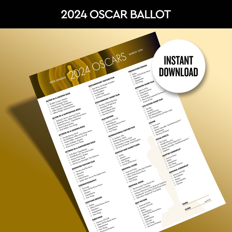 2024 Oscars Ballot Printable Instant Download PDF Etsy