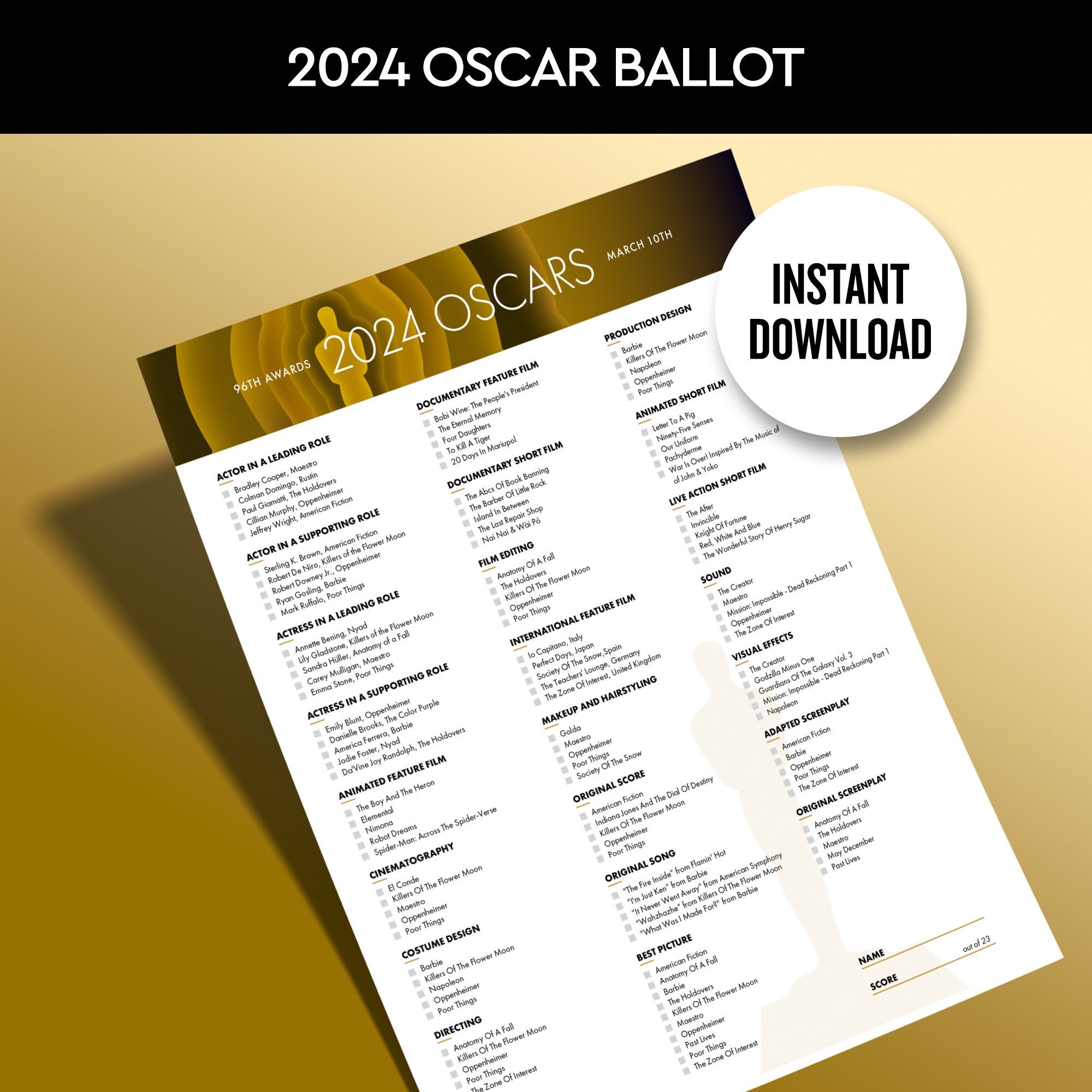 2024 Oscars Ballot Printable Instant Download PDF - Etsy