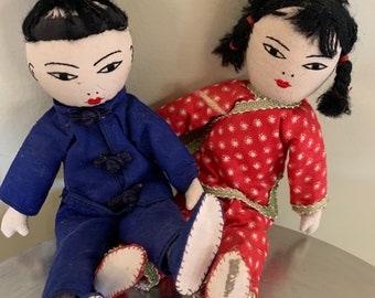 Pair of Vintage Mid Century Chinese Cloth Folk Dolls