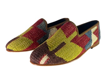 Kilim Schuhe, Herrenschuhe, Kilim Loafer, Vintage Schuhe, Ledersohle Schuhe, Tribal Schuhe, Wollschuhe, Herrenschuhe Größe 9, Unikate