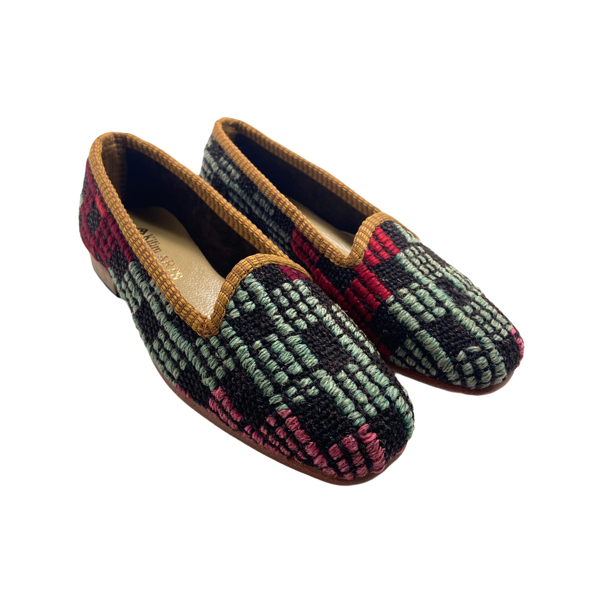 Zapatos de suela de cuero, zapatos Kilim para mujer, mocasines de mujer Kilim, mocasines de mujer, zapatos tribales, zapatos de mujer tamaño 5, zapato
