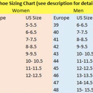 May include: A shoe sizing chart with two columns, one for women and one for men. The chart shows European shoe sizes and their corresponding US shoe sizes.