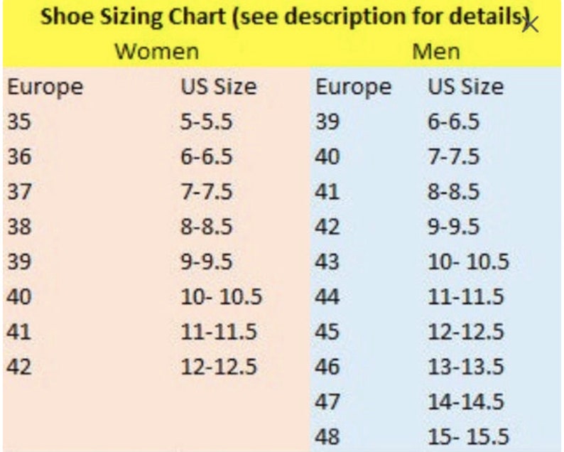 May include: A shoe sizing chart with two columns, one for women and one for men. The chart shows European shoe sizes and their corresponding US shoe sizes.