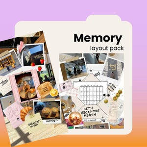 Op de afbeelding: Een collage-achtige lay-outpakket met de tekst "Memory layout pack". De afbeeldingen bevatten foto's, een kalender, een camera en tekst met de tekst "Breakfast in bed" en "Let's recap this month". De achtergrond is een verloop van paars en oranje.