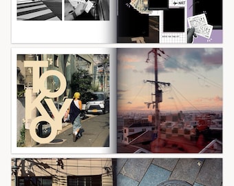 May include: A photo album with a black and white photo of a street in Tokyo, Japan. The album also includes a photo of a person holding a bag of money, a photo of a sunset over the city, and a photo of a manhole cover with a design.