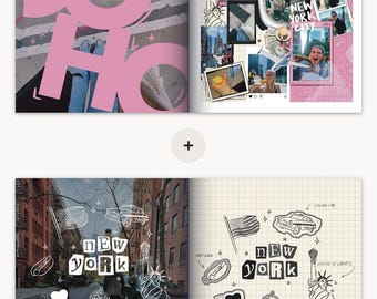 May include: A scrapbook with a pink and white color scheme featuring photos and drawings of New York City. The scrapbook includes images of the Statue of Liberty, the Empire State Building, and the New York City skyline. The scrapbook also includes drawings of hot dogs, yellow cabs, and the words "New York" written in a stylized font.