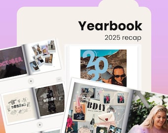 May include: A digital scrapbook titled "Yearbook 2025 recap" with various photo collages. The pages feature photos, text, and decorative elements. One page displays the number "20" in a light blue color. Other pages have the words "October", "winter", and "BDAY".