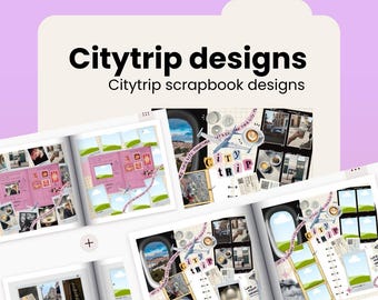 May include: A collection of scrapbook designs with the text "Citytrip designs" and "Citytrip scrapbook designs". The designs feature travel-themed elements, including airplane windows, photos, and the words "City Trip". The color scheme includes pink, white, and black.