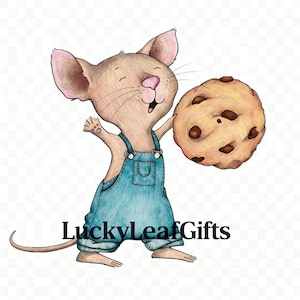 May include: A watercolor illustration of a smiling mouse wearing blue overalls, holding a large chocolate chip cookie. The mouse has pink ears and a pink nose. The text "LuckyLeafGifts" is at the bottom.