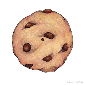 May include: A round, golden-brown cookie illustration featuring several dark brown chocolate chips embedded in the textured surface. The drawing displays visible pencil or ink strokes throughout the dough, with the text LuckyLeafGifts in the corner.