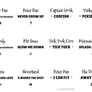 May include: A grid of twelve black text labels on a white background featuring Peter Pan characters and quotes including Second Star to the Right, Never Grow Up, Codfish, Pixie Dust, Growing Up is Overrated, Blow Me Down, Tick Tock, Splash Around, and more.
