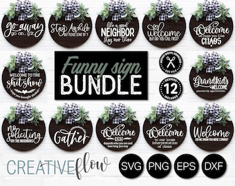 Funny Door Hanger SVG Bundle for Welcome Mat, Doormat, Porch Sign, Wreath | Glowforge, Silhouette and Cricut cut files for projects | PNG