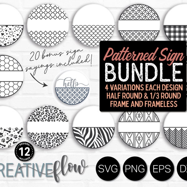 Patterned Round Door Hanger Svg Bundle, Half Round Sign Svg, Welcome Svg, Hello Door Sign Svg Cut Files for Cricut Projects, Sublimation Png