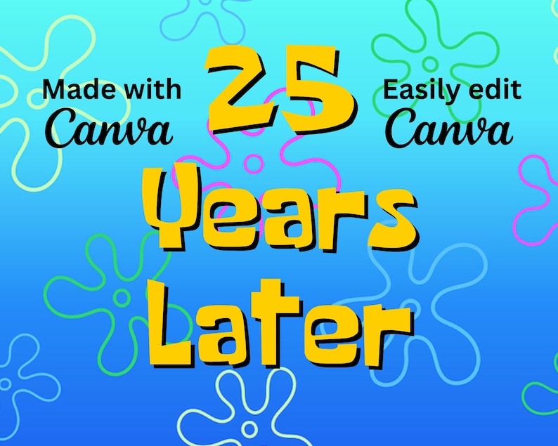 May include: A blue and yellow graphic with the text "25 Years Later" in a bold, cartoon font. The graphic is decorated with a pattern of stylized starfish in various colors. The text "Made with Canva" appears in the top left corner and "Easily edit Canva" appears in the top right corner.