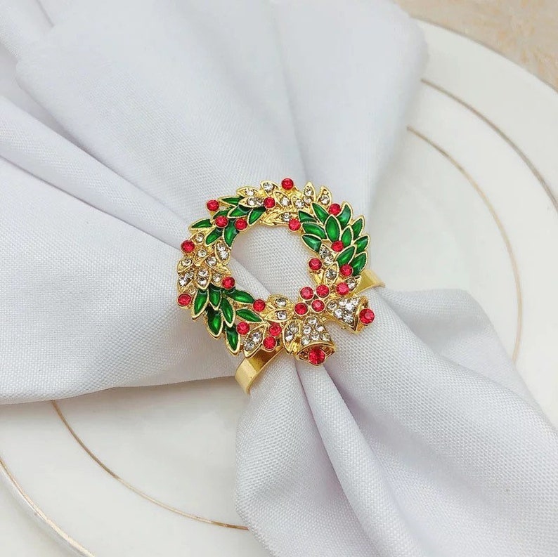 Christmas Wreath Napkin Rings decorated with Rhinestone as a Winter Wedding Table Decorations