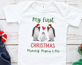 My First Christmas Penguin Bodysuit, Mommy Mama and Me, Lesbian Mom Baby Clothes