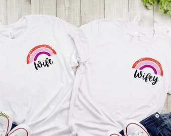 Lesbian Wedding Shirt | Wife Wifey Rainbow LGBTQ Matching Couple Tee