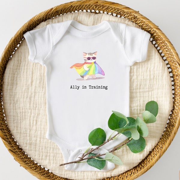 Ally in Training Superhero Cat Bodysuit, Colorful Cape Kitty, Infant One-Piece, Pride Month, LGBTQ clothes, LGTQ Baby Shower Gift