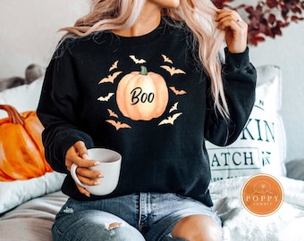 Pumpkin Boo Sweater | Halloween Sweater | Pumpkin and Bats | Boo Sweater | Halloween Sweater | Pumpkin Sweat Shirt | Women Fall Sweater