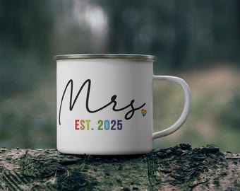 Mrs and Mrs Campfire Mug | Lesbian Wedding Gift, Enamel Coated