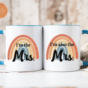 Mrs and Mrs Mugs | Ceramic Coffee Mugs with color inside | Lesbian Couple | Same Sex Wedding | Lesbian Wedding Gift | Lesbian Engagement