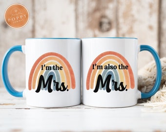 Mrs and Mrs Mugs | Ceramic Coffee Mugs with color inside | Lesbian Couple | Same Sex Wedding | Lesbian Wedding Gift | Lesbian Engagement
