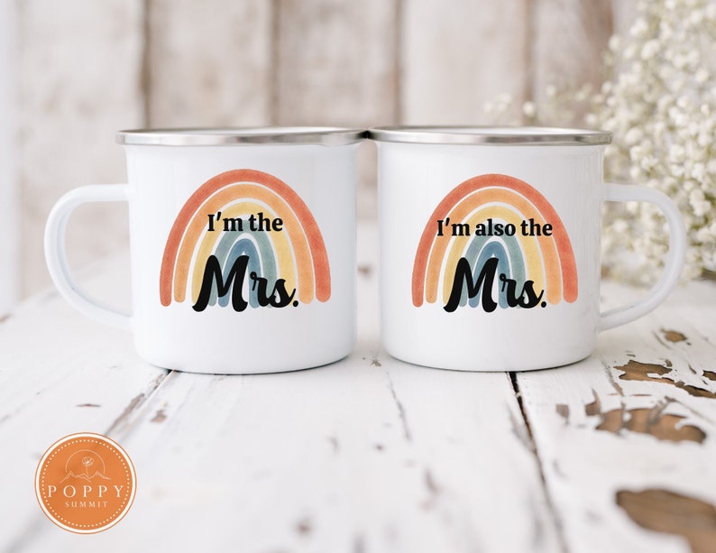 Mrs and Mrs Mugs | Enamel Coated Campfire Coffee Mugs | Lesbian Couple | Same Sex Wedding | Lesbian Wedding Gift | Lesbian Engagement