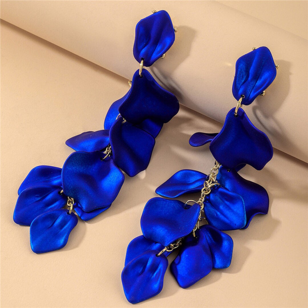 Blue Long Drop Statement Earrings Blue Petal Boho Earrings Etsy
