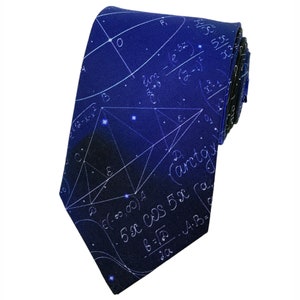 May include: A necktie in a deep blue colour featuring a white printed pattern of complex mathematical equations, geometric shapes, and calculus formulas including limit notation, trigonometric functions, and algebraic expressions across the fabric.