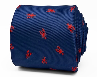 Lobster Tie | Elegant Marine Crustacean Red Lobster Navy Men's Microfiber Necktie