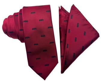 Fledermaus Krawatte + Einstecktuch | DC Comics Superhelden Burgund Accessoires Set