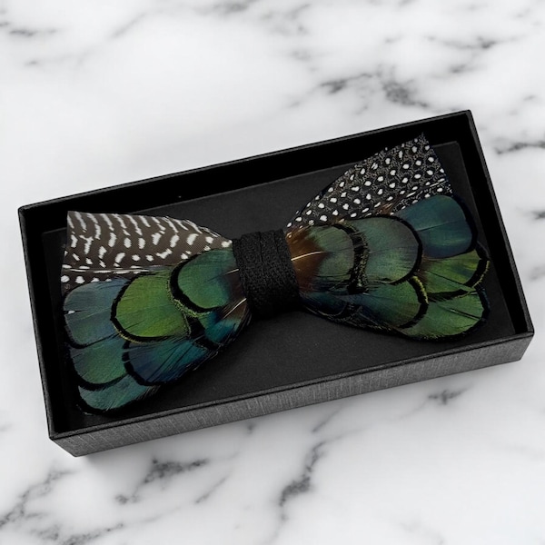 Handcrafted Feather Bow Tie: Green, Black, & Brown Natural Feathers