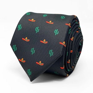 Cactus & Sombrero Tie | Mexican themed Black Necktie