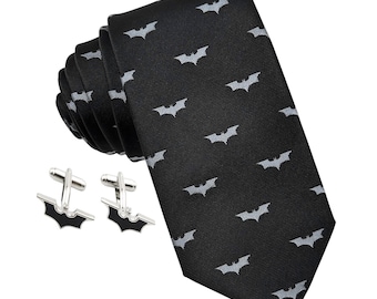 Bat The Dark Knight Necktie, Pocket Square & Cufflinks | DC Comics Superhero Classic Sleek Black Necktie Set Gift Box