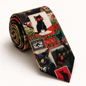 May include: Rolled-up necktie with a repeating pattern of black cats. The tie has a black background with red, white, and green accents. Some cats wear headphones and read books. The text "BLACK CAT" and Japanese characters are visible.
