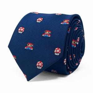 Mario Bros. Marineblaue Krawatte und Einstecktuch im Set | Mario & Magic Mushroom Design