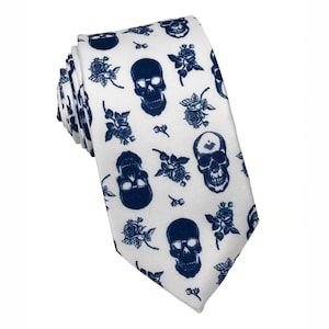 Blue-Black Floral Skull Tie Necktie on White Background