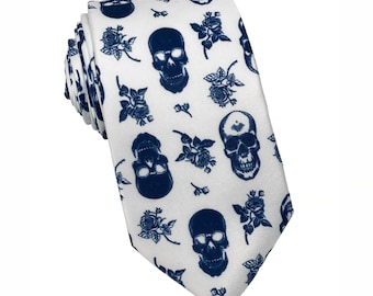 Blue-Black Floral Skull Tie Necktie on White Background