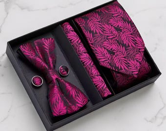 Bold Black & Fuchsia Pink Leaf Floral Pattern Necktie Set  – Tie, Bow Tie, Pocket Square, and Cufflinks